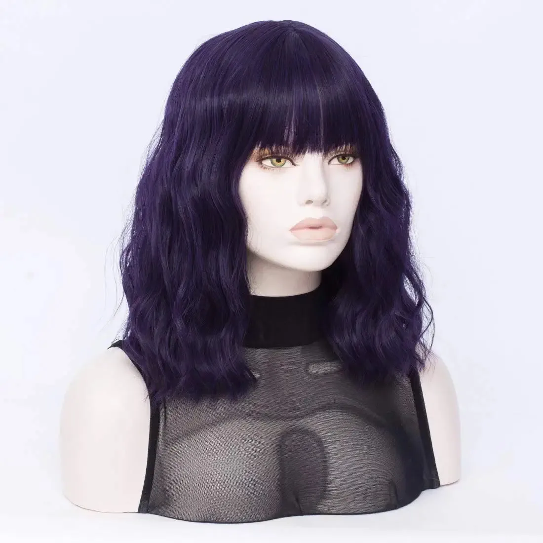 Short Bob Wavy Purple Hair Wig with Bang