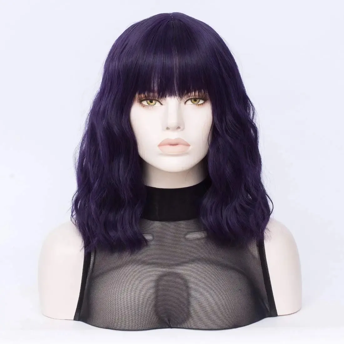 Short Bob Wavy Purple Hair Wig with Bang