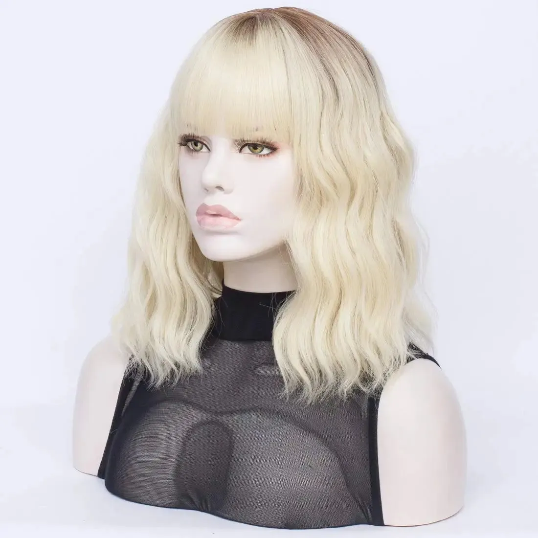 Short Ombre Blonde Wavy Hair Wig with Bang