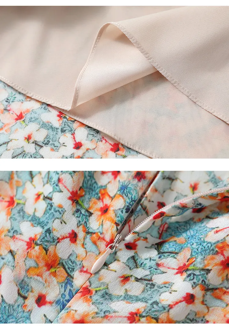 Silk French Floral Dress V-neck Waist Waist Long Knee-length Slit Elegant Dress