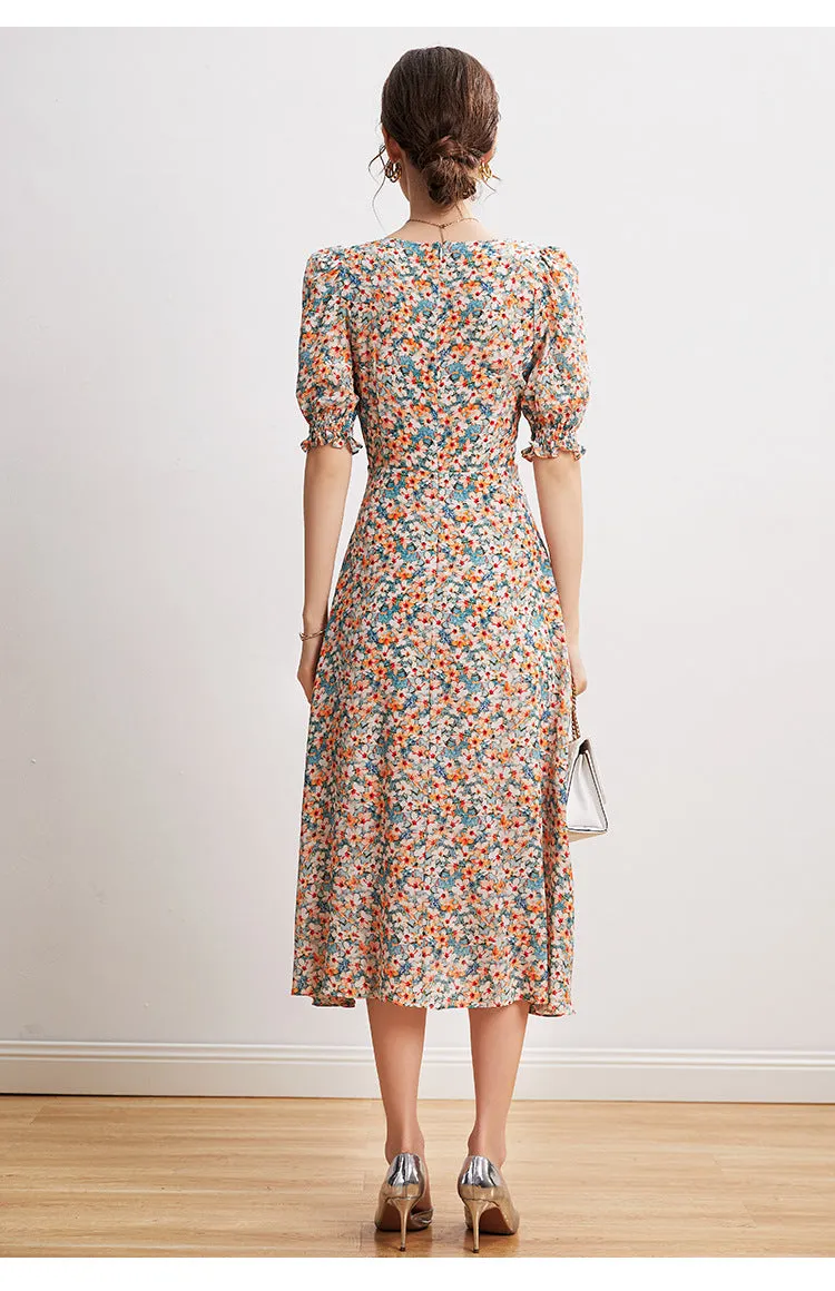 Silk French Floral Dress V-neck Waist Waist Long Knee-length Slit Elegant Dress