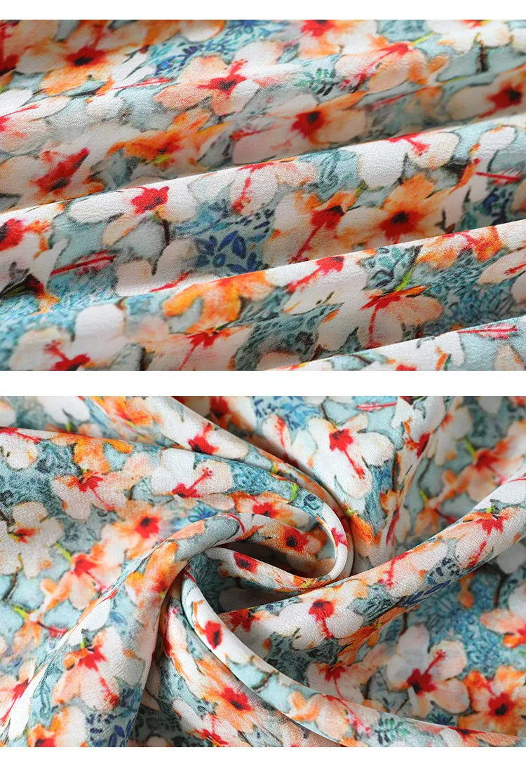 Silk French Floral Dress V-neck Waist Waist Long Knee-length Slit Elegant Dress