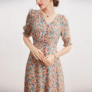 Silk French Floral Dress V-neck Waist Waist Long Knee-length Slit Elegant Dress