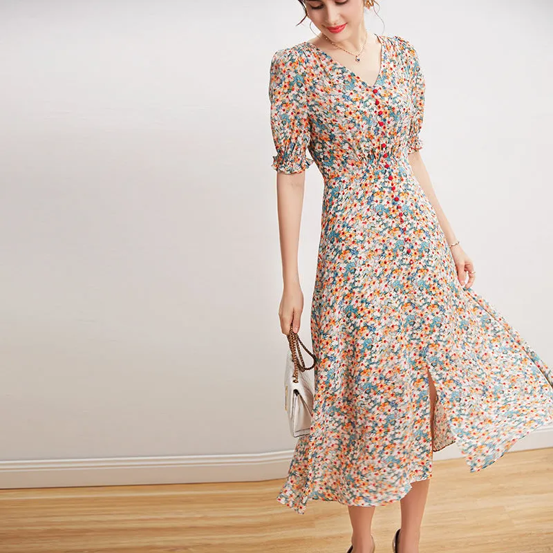 Silk French Floral Dress V-neck Waist Waist Long Knee-length Slit Elegant Dress