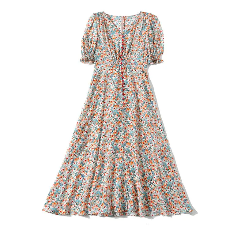 Silk French Floral Dress V-neck Waist Waist Long Knee-length Slit Elegant Dress