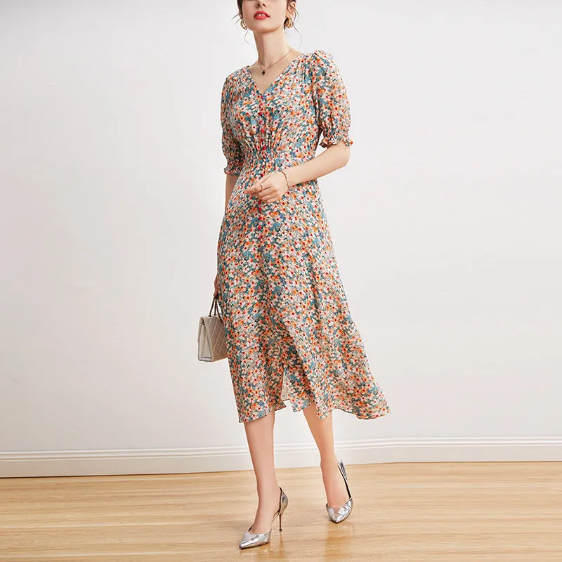 Silk French Floral Dress V-neck Waist Waist Long Knee-length Slit Elegant Dress