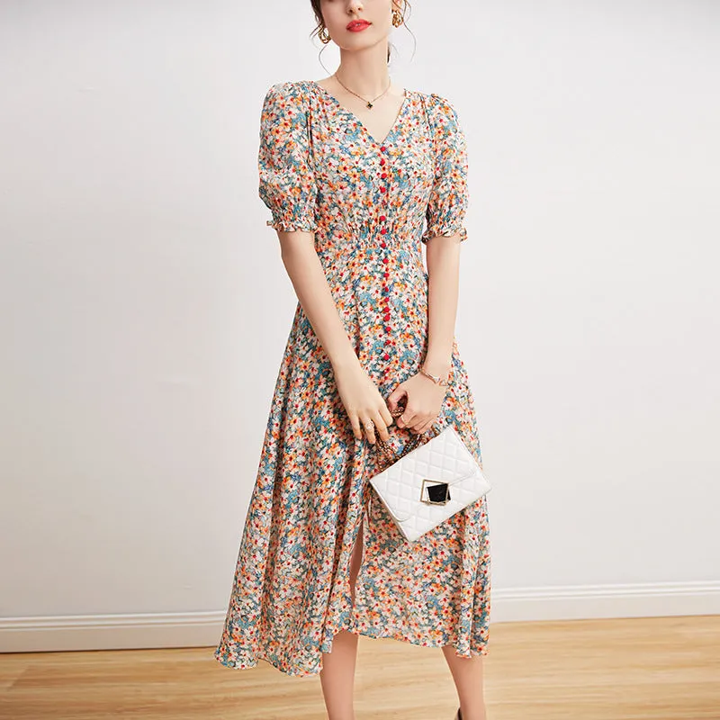 Silk French Floral Dress V-neck Waist Waist Long Knee-length Slit Elegant Dress