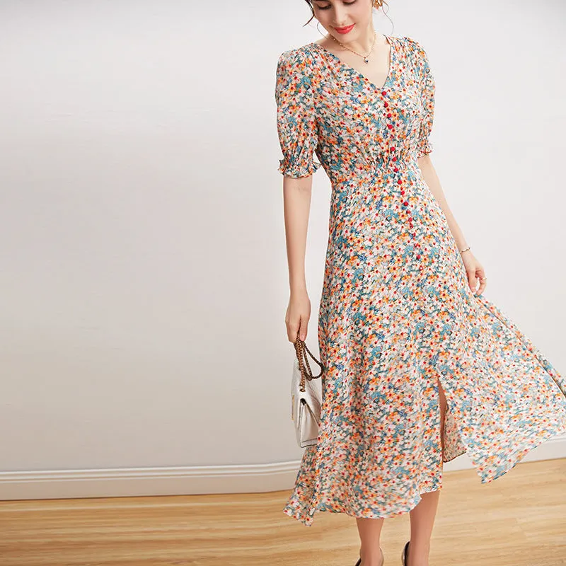 Silk French Floral Dress V-neck Waist Waist Long Knee-length Slit Elegant Dress