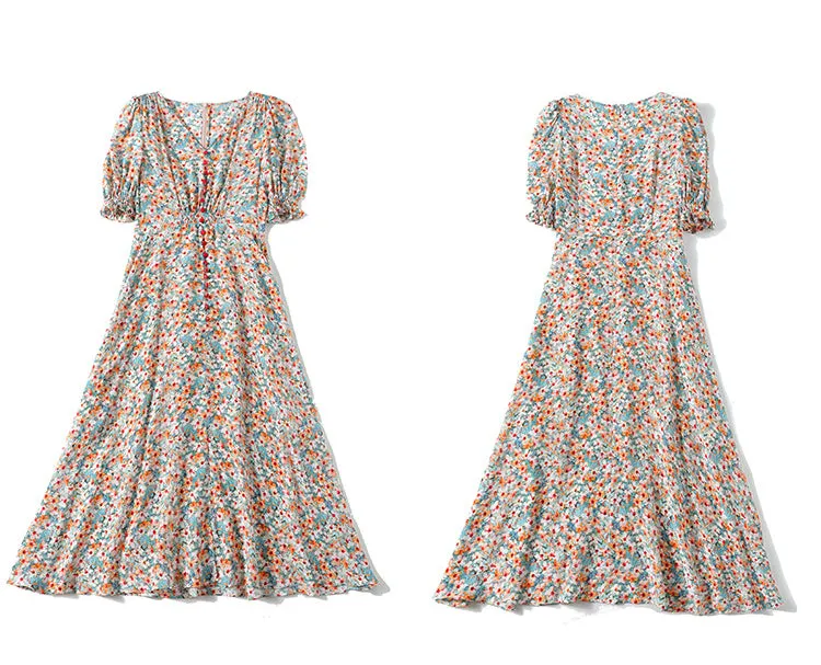 Silk French Floral Dress V-neck Waist Waist Long Knee-length Slit Elegant Dress