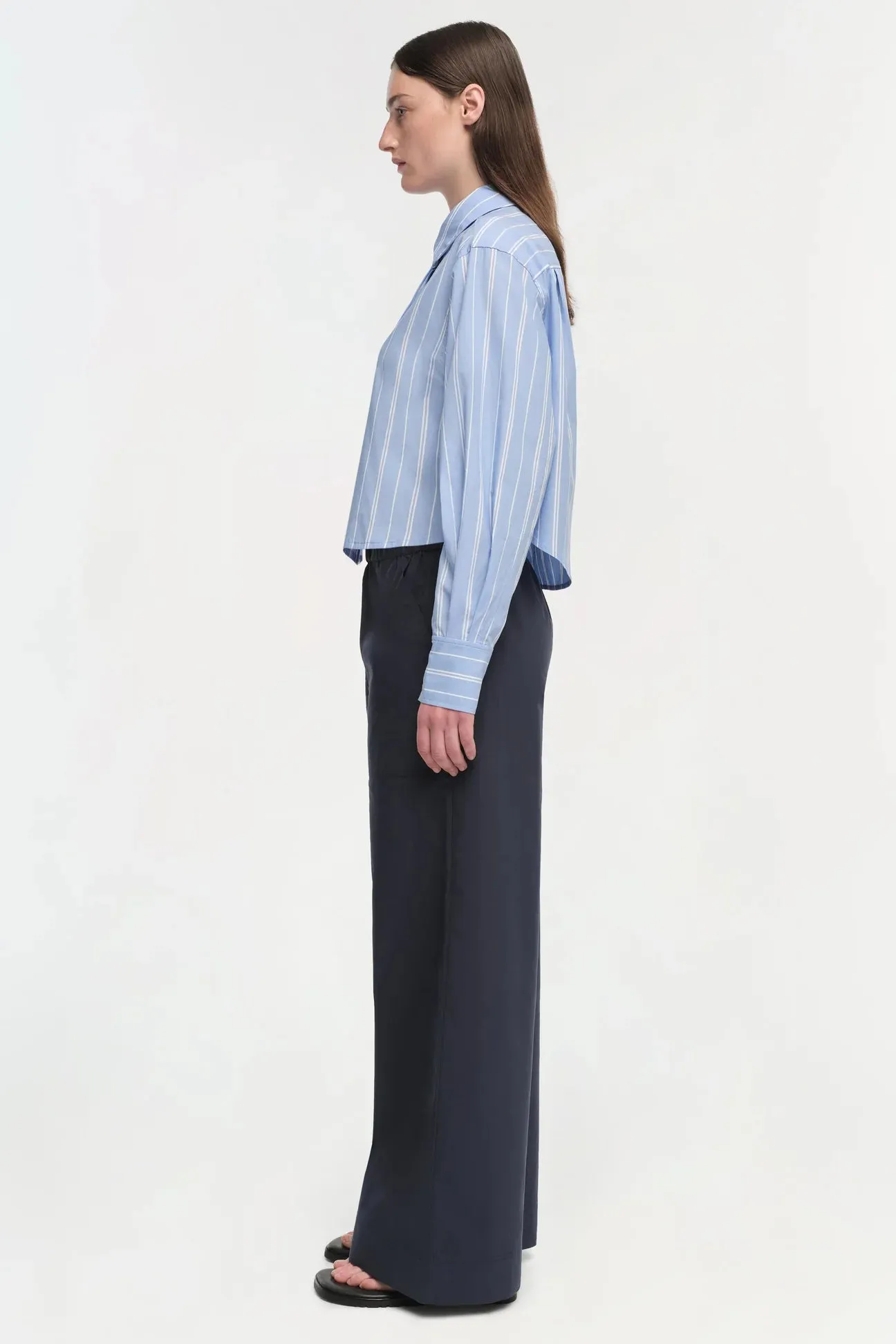Simkhai Renata Cropped Button Down Shirt Wide Oxford Blue Stripe