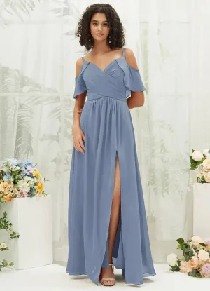 Slate Blue Chiffon Ruffle Cold Shoulder Sweetheart Bridesmaid Dress