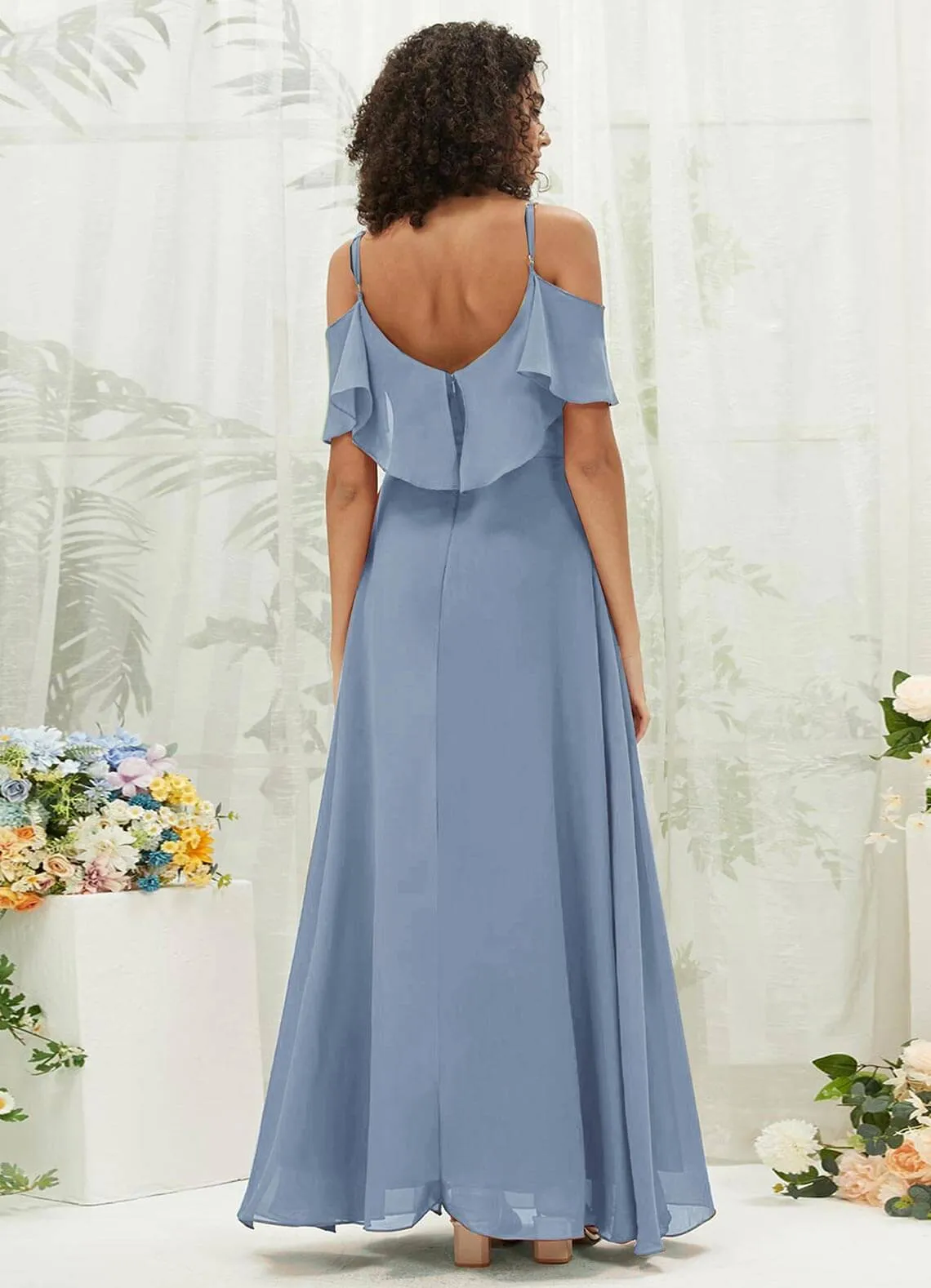 Slate Blue Chiffon Ruffle Cold Shoulder Sweetheart Bridesmaid Dress