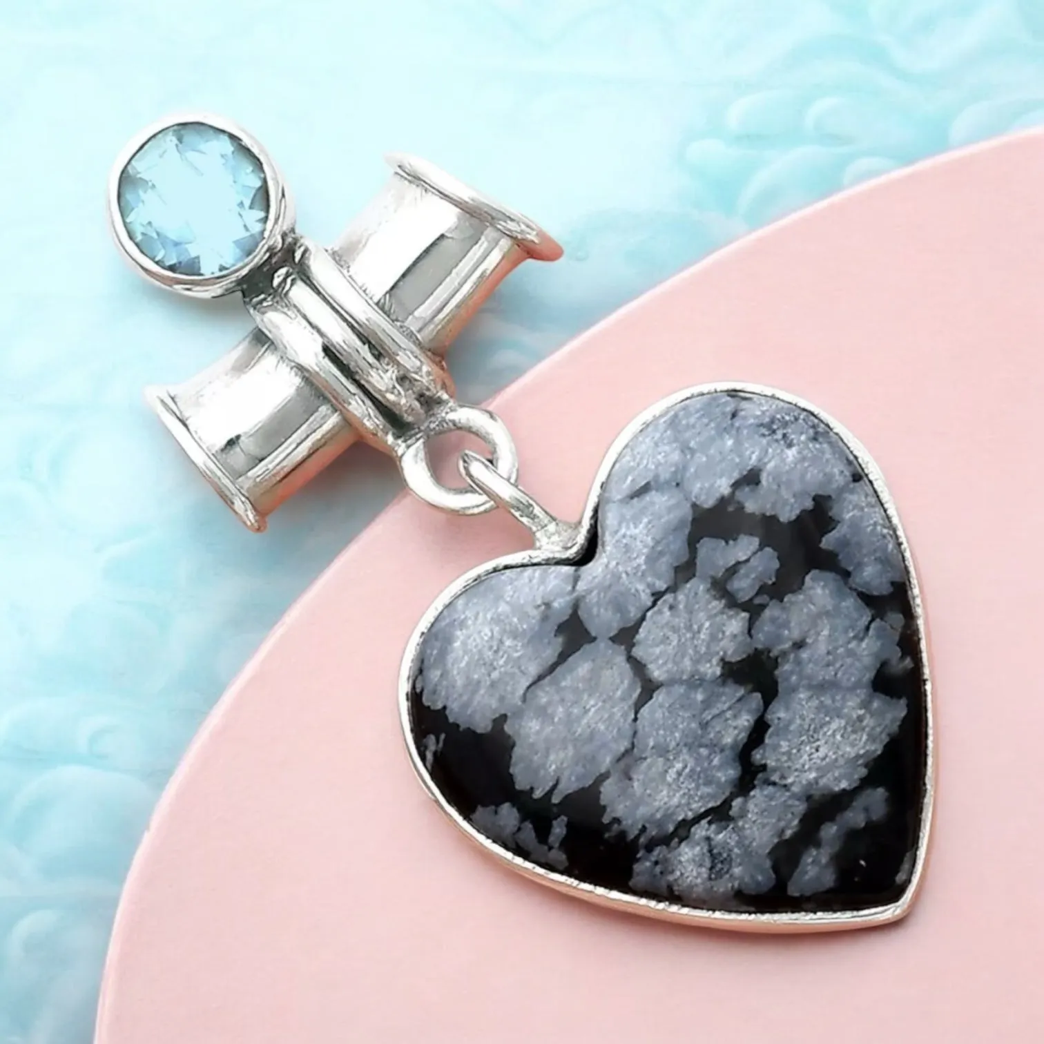 Snowflake Black Obsidian & Blue Topaz Solid 925 Sterling Silver Pendant
