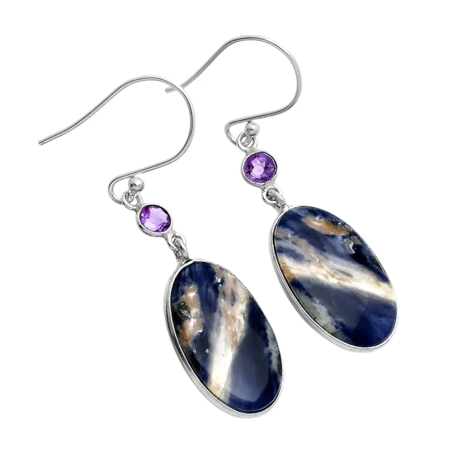 Sodalite & Amethyst Solid 925 Sterling Silver Earrings