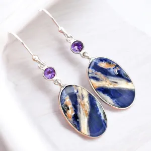 Sodalite & Amethyst Solid 925 Sterling Silver Earrings