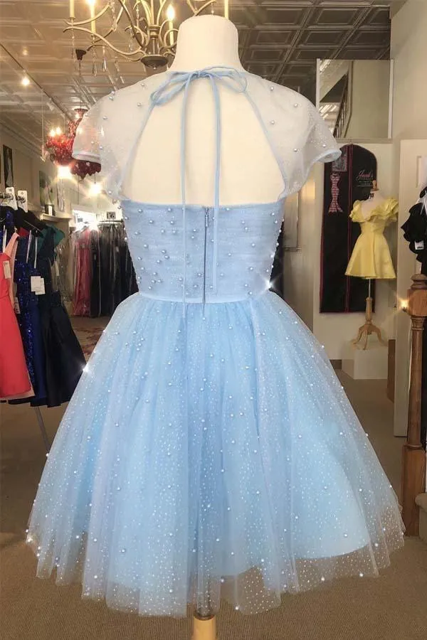 Sparkle Beaded Cap Sleeves Light Sky Blue Homecoming Dress HD0051