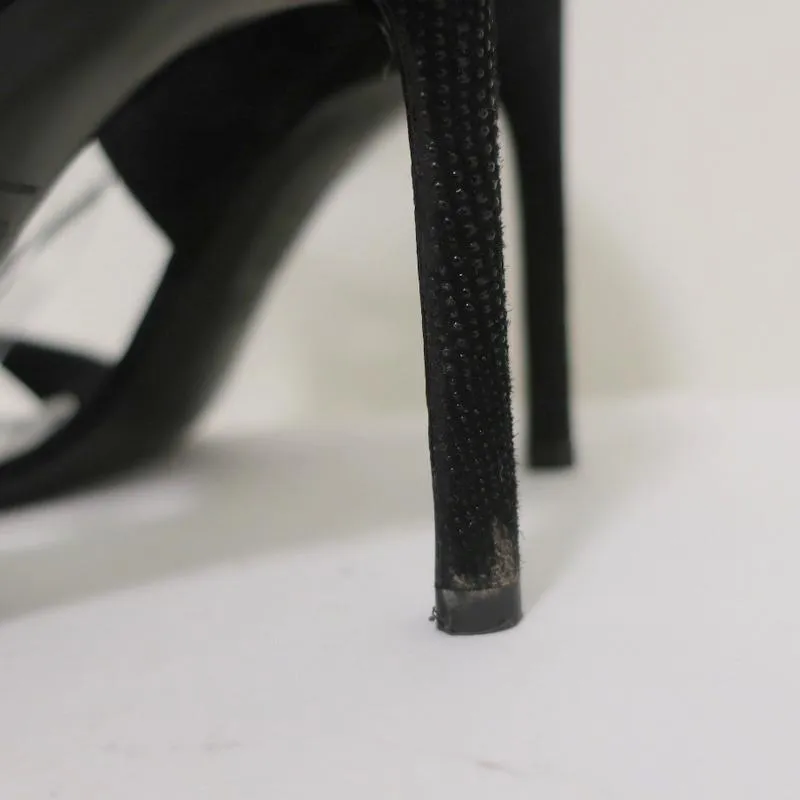 Stuart Weitzman LegWrap Lace-Up Sandal Black Textured Suede Size 7 Open Toe Heel