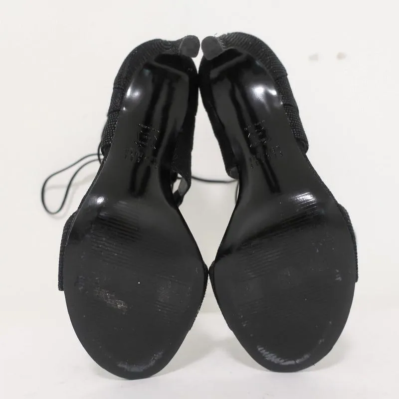 Stuart Weitzman LegWrap Lace-Up Sandal Black Textured Suede Size 7 Open Toe Heel
