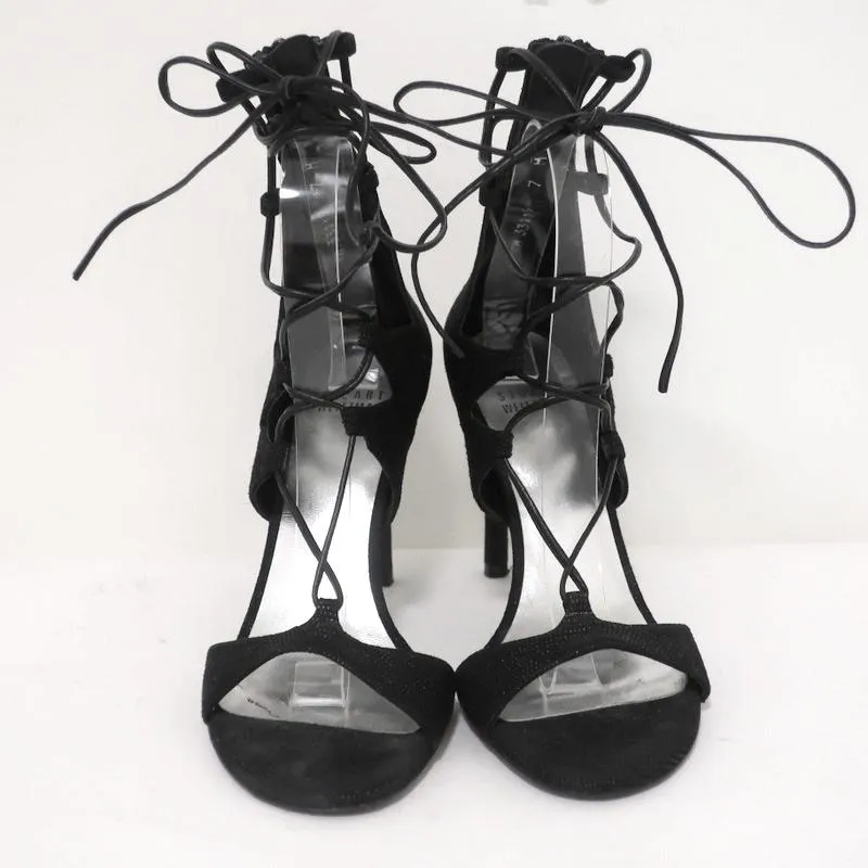 Stuart Weitzman LegWrap Lace-Up Sandal Black Textured Suede Size 7 Open Toe Heel