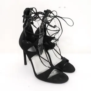 Stuart Weitzman LegWrap Lace-Up Sandal Black Textured Suede Size 7 Open Toe Heel