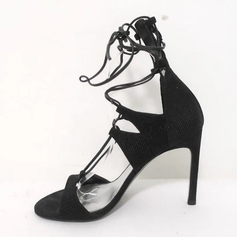 Stuart Weitzman LegWrap Lace-Up Sandal Black Textured Suede Size 7 Open Toe Heel