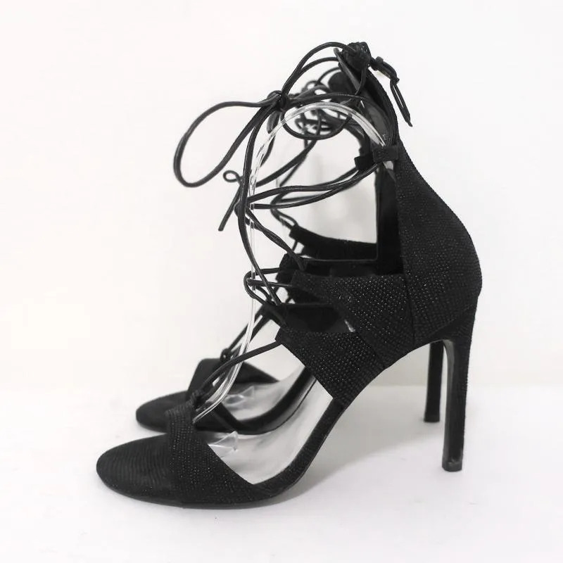 Stuart Weitzman LegWrap Lace-Up Sandal Black Textured Suede Size 7 Open Toe Heel