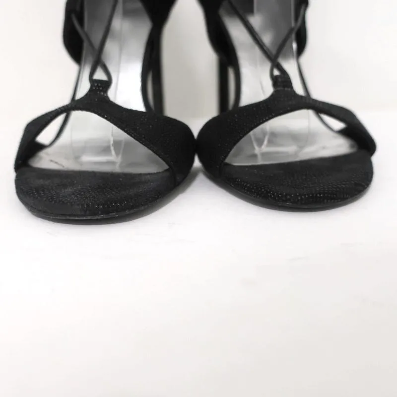 Stuart Weitzman LegWrap Lace-Up Sandal Black Textured Suede Size 7 Open Toe Heel
