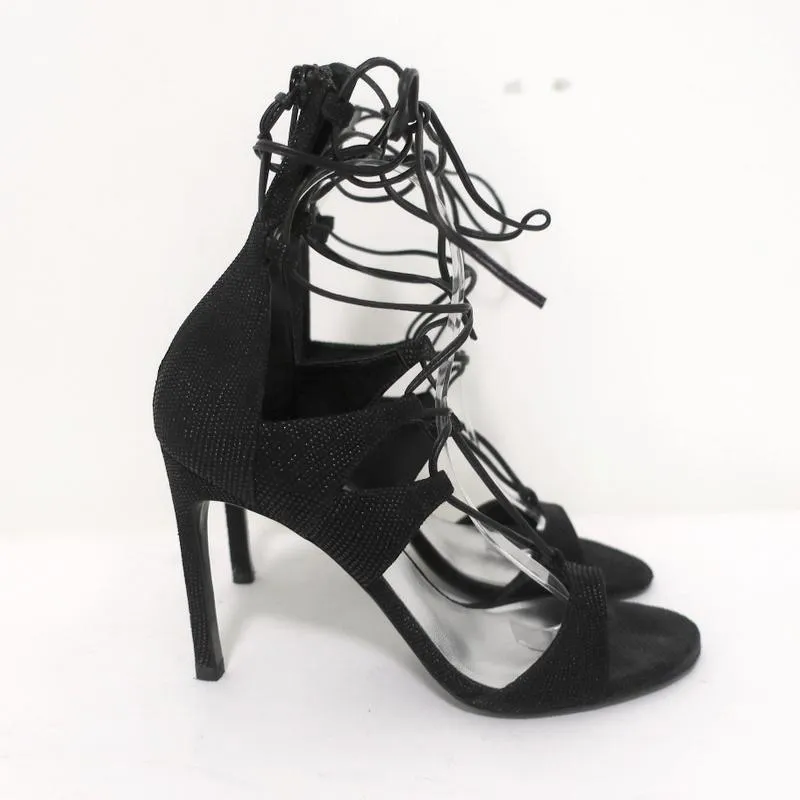 Stuart Weitzman LegWrap Lace-Up Sandal Black Textured Suede Size 7 Open Toe Heel