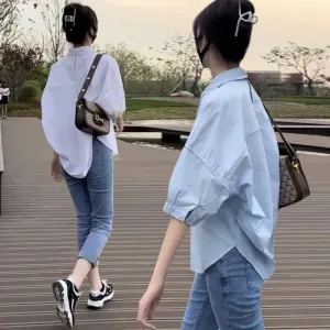 Summer Cotton Mid-Sleeve Irregular Loose Blouse for Women