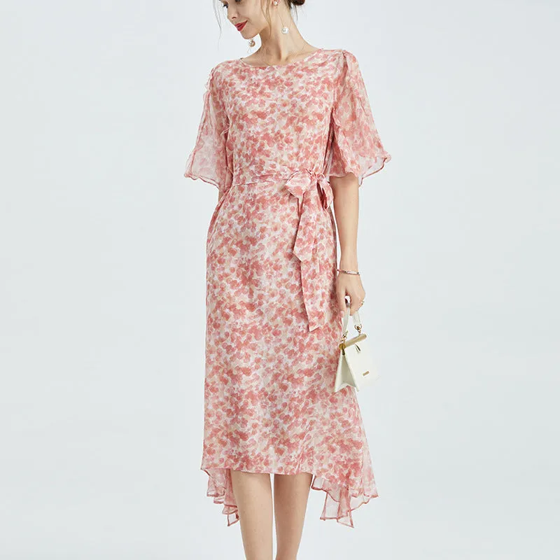 Summer Silk Floral Dress Round Neck Loose Lace Slim Slit Dress