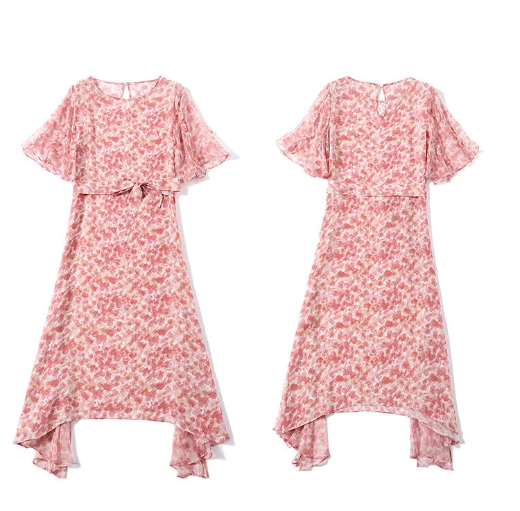 Summer Silk Floral Dress Round Neck Loose Lace Slim Slit Dress