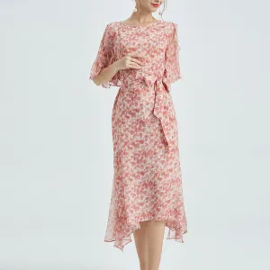 Summer Silk Floral Dress Round Neck Loose Lace Slim Slit Dress