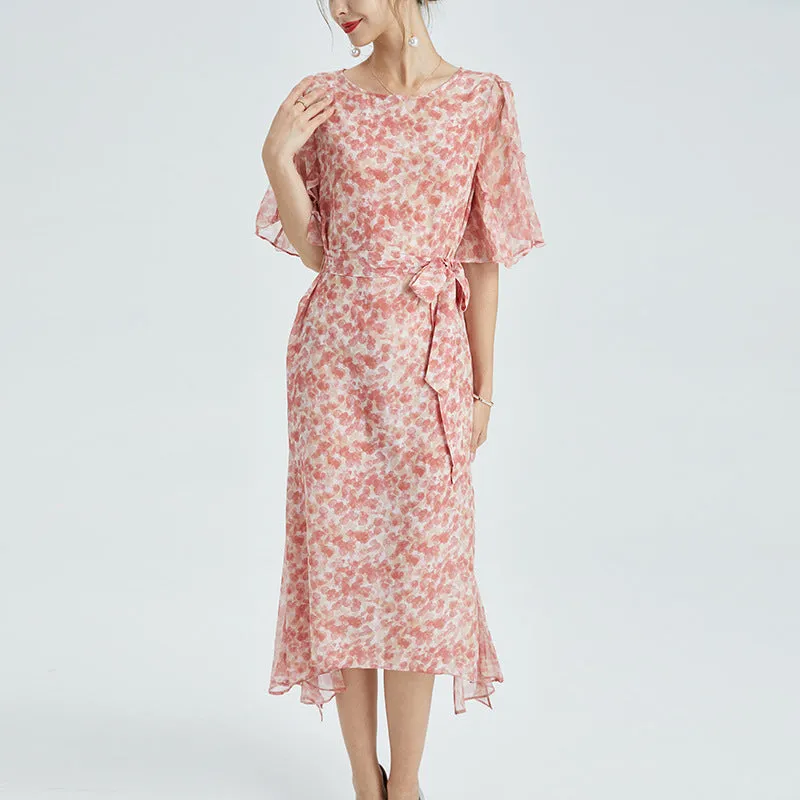 Summer Silk Floral Dress Round Neck Loose Lace Slim Slit Dress