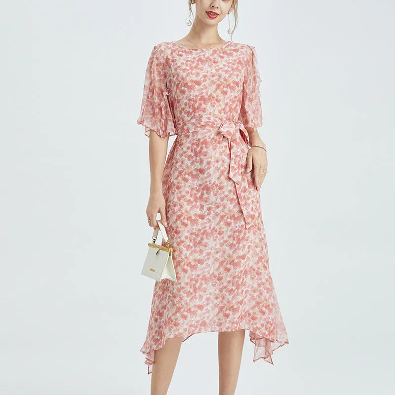Summer Silk Floral Dress Round Neck Loose Lace Slim Slit Dress