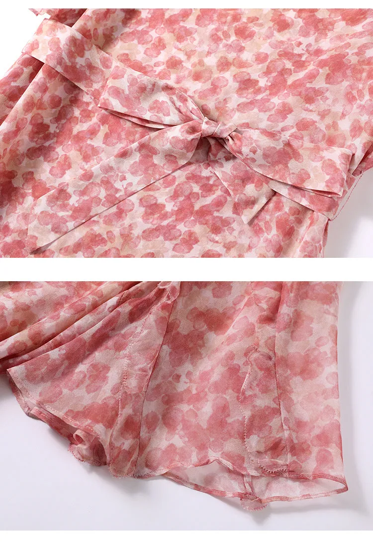 Summer Silk Floral Dress Round Neck Loose Lace Slim Slit Dress