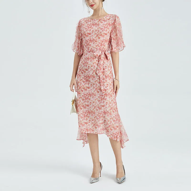 Summer Silk Floral Dress Round Neck Loose Lace Slim Slit Dress
