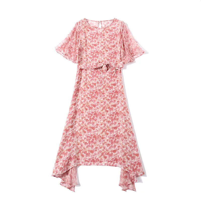 Summer Silk Floral Dress Round Neck Loose Lace Slim Slit Dress