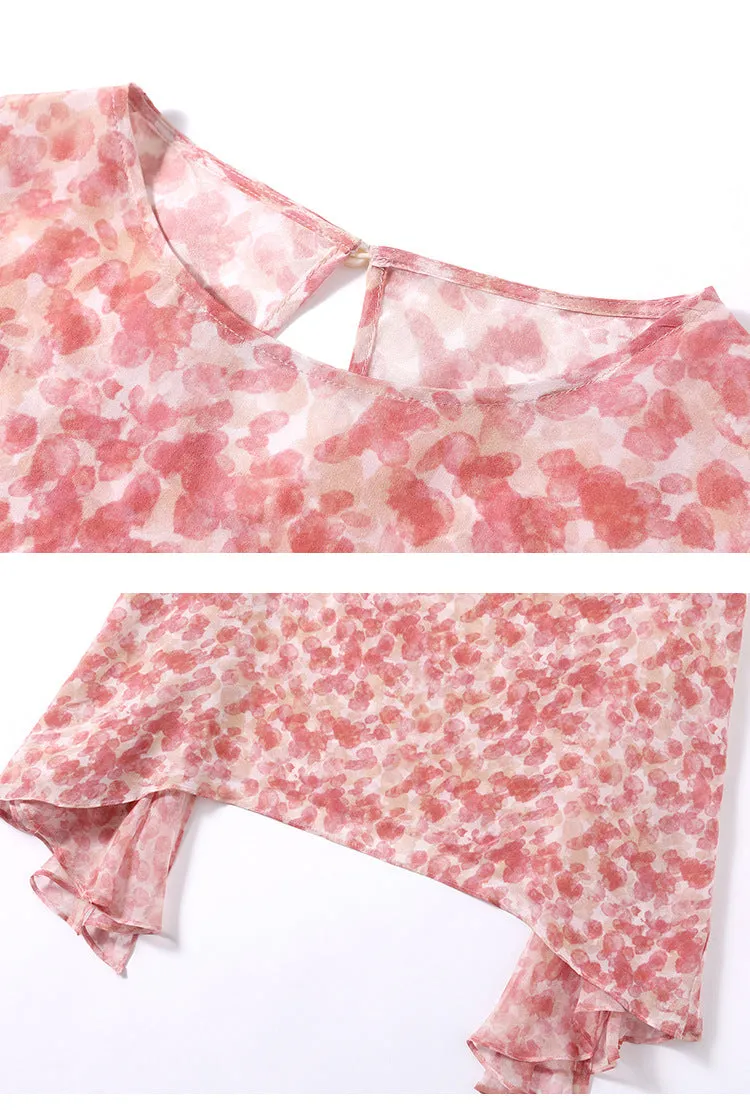 Summer Silk Floral Dress Round Neck Loose Lace Slim Slit Dress