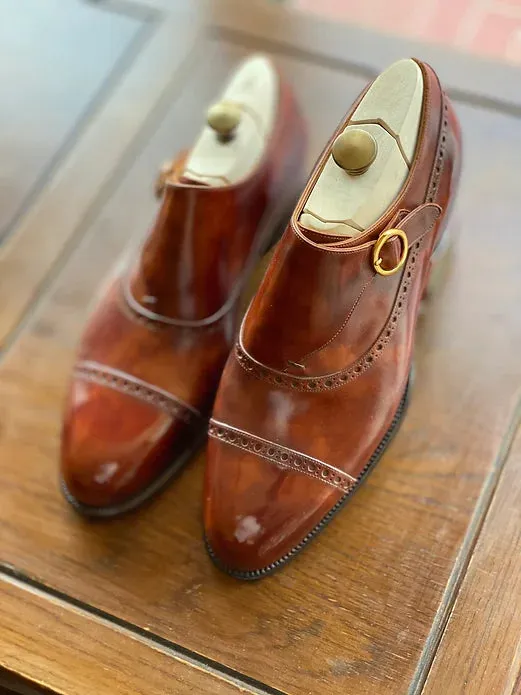 Tan Leather Caranavi Brogue Wingtip Toe Cap Monk Strap Shoes - Dress Shoes
