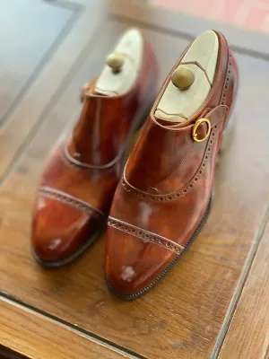 Tan Leather Caranavi Brogue Wingtip Toe Cap Monk Strap Shoes - Dress Shoes