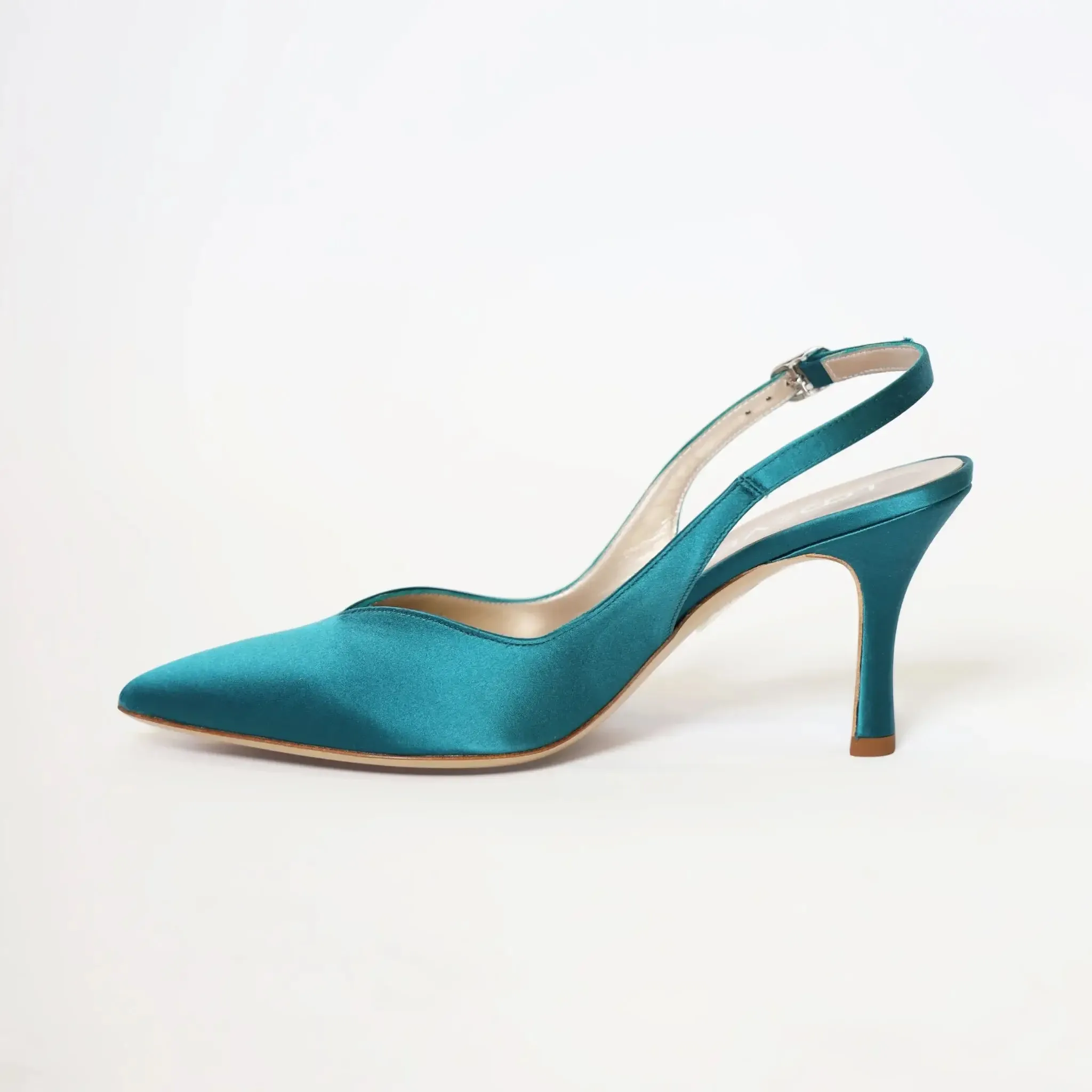 Teal Blue Satin Pointed Toe Slingback Women's Italian Heels