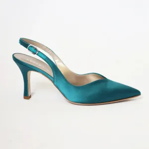 Teal Blue Satin Pointed Toe Slingback Women's Italian Heels