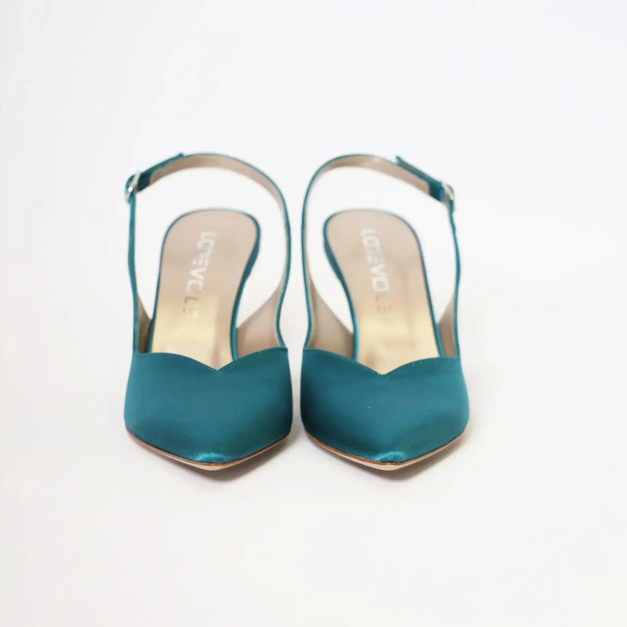 Teal Blue Satin Pointed Toe Slingback Women's Italian Heels
