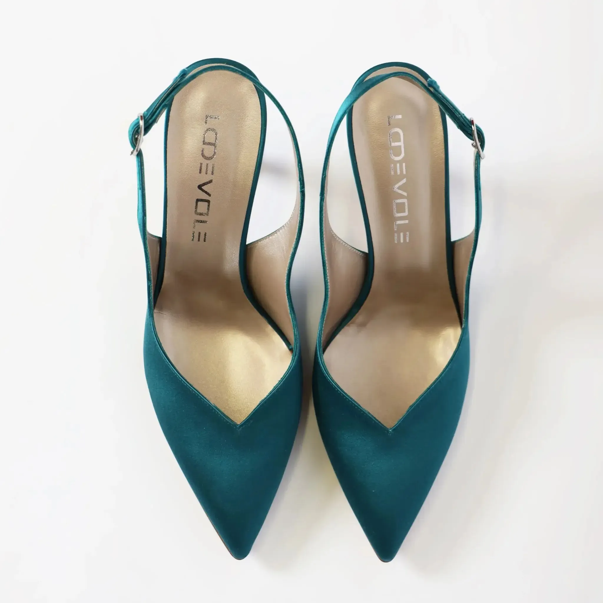 Teal Blue Satin Pointed Toe Slingback Women's Italian Heels