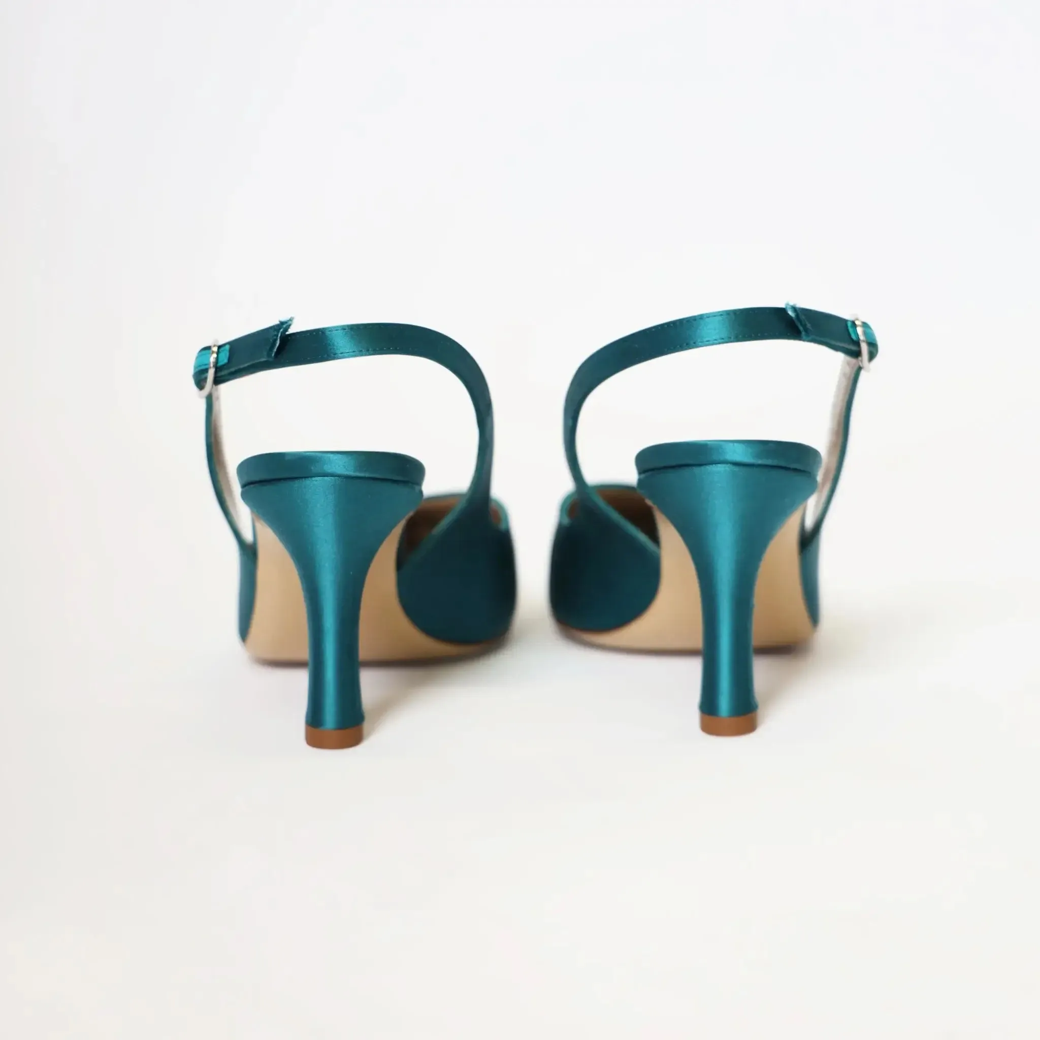 Teal Blue Satin Pointed Toe Slingback Women's Italian Heels