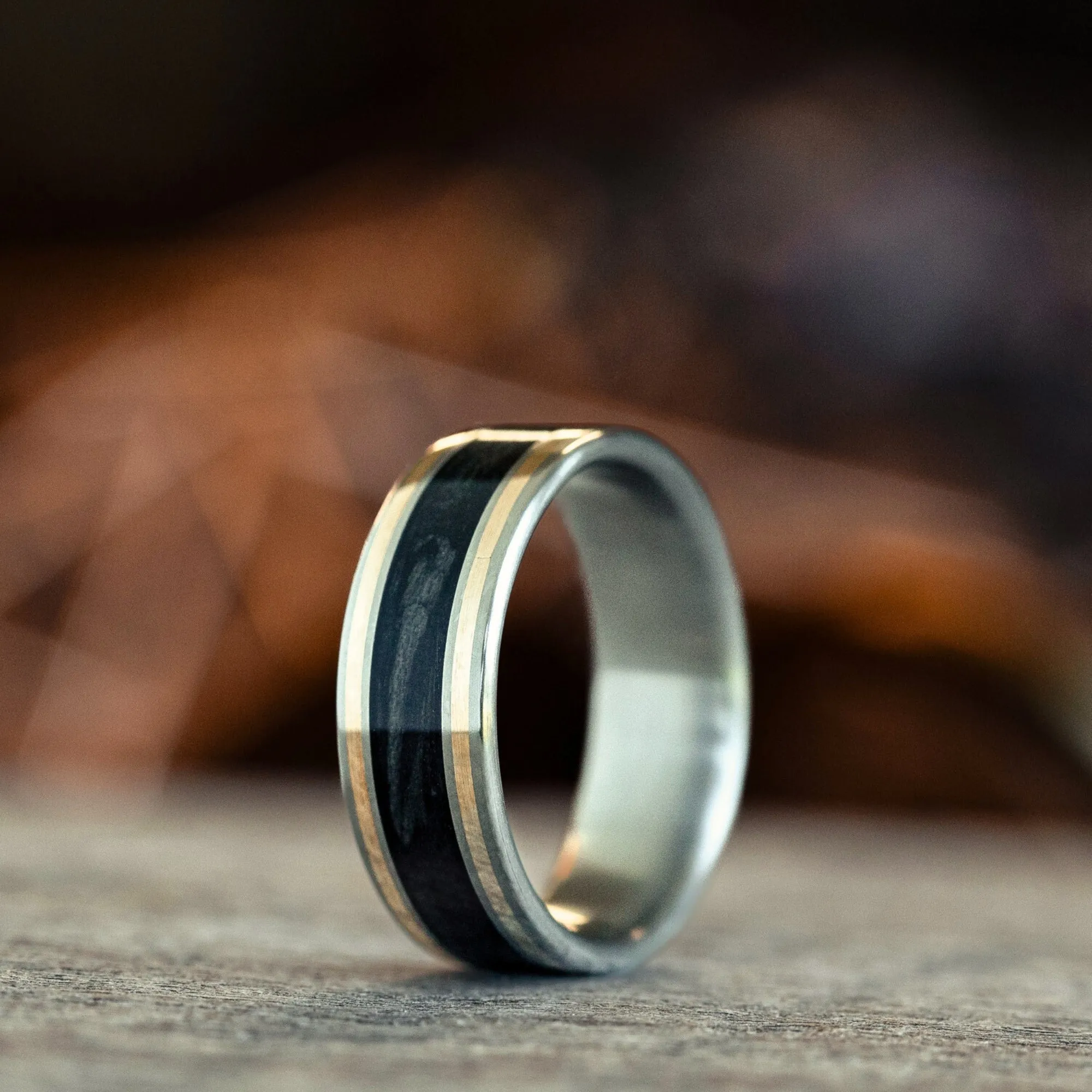 The Oxford Don | Men's Black Whiskey Barrel & Titanium Wedding Band with Dual Metal Inlays
