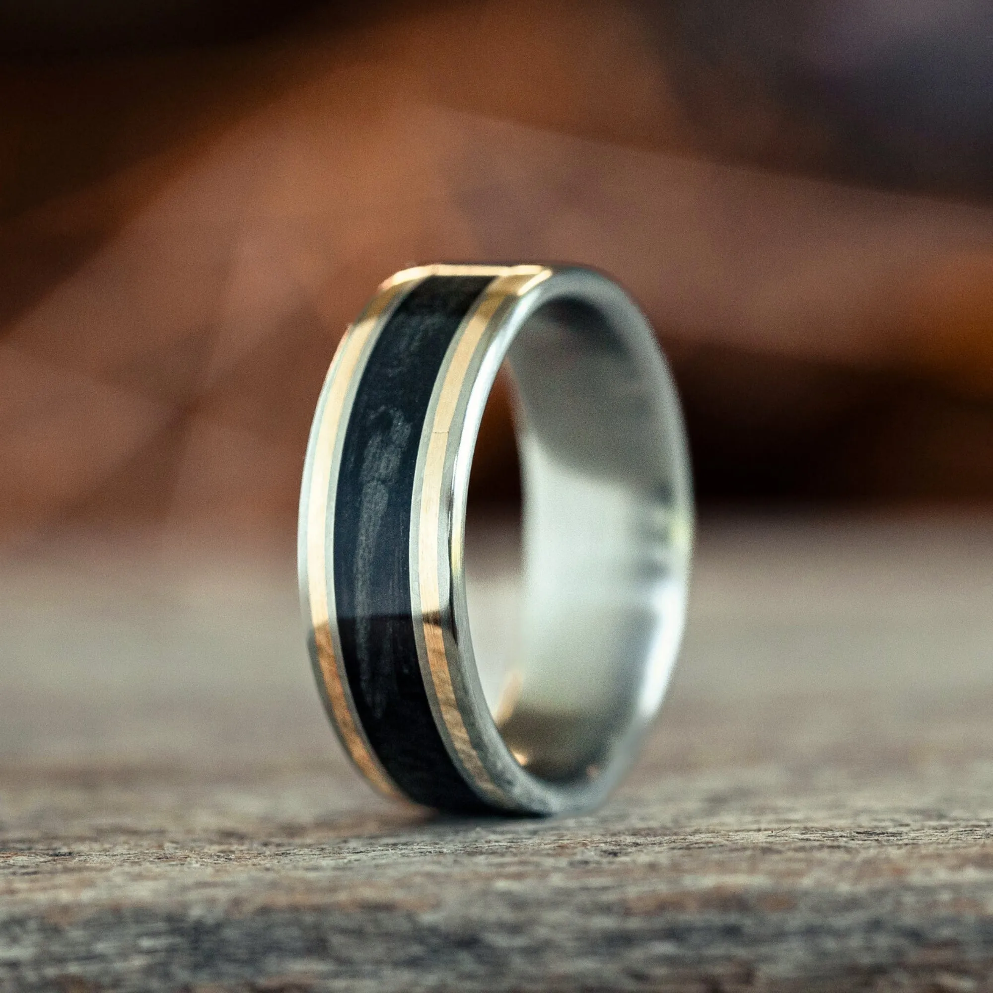 The Oxford Don | Men's Black Whiskey Barrel & Titanium Wedding Band with Dual Metal Inlays