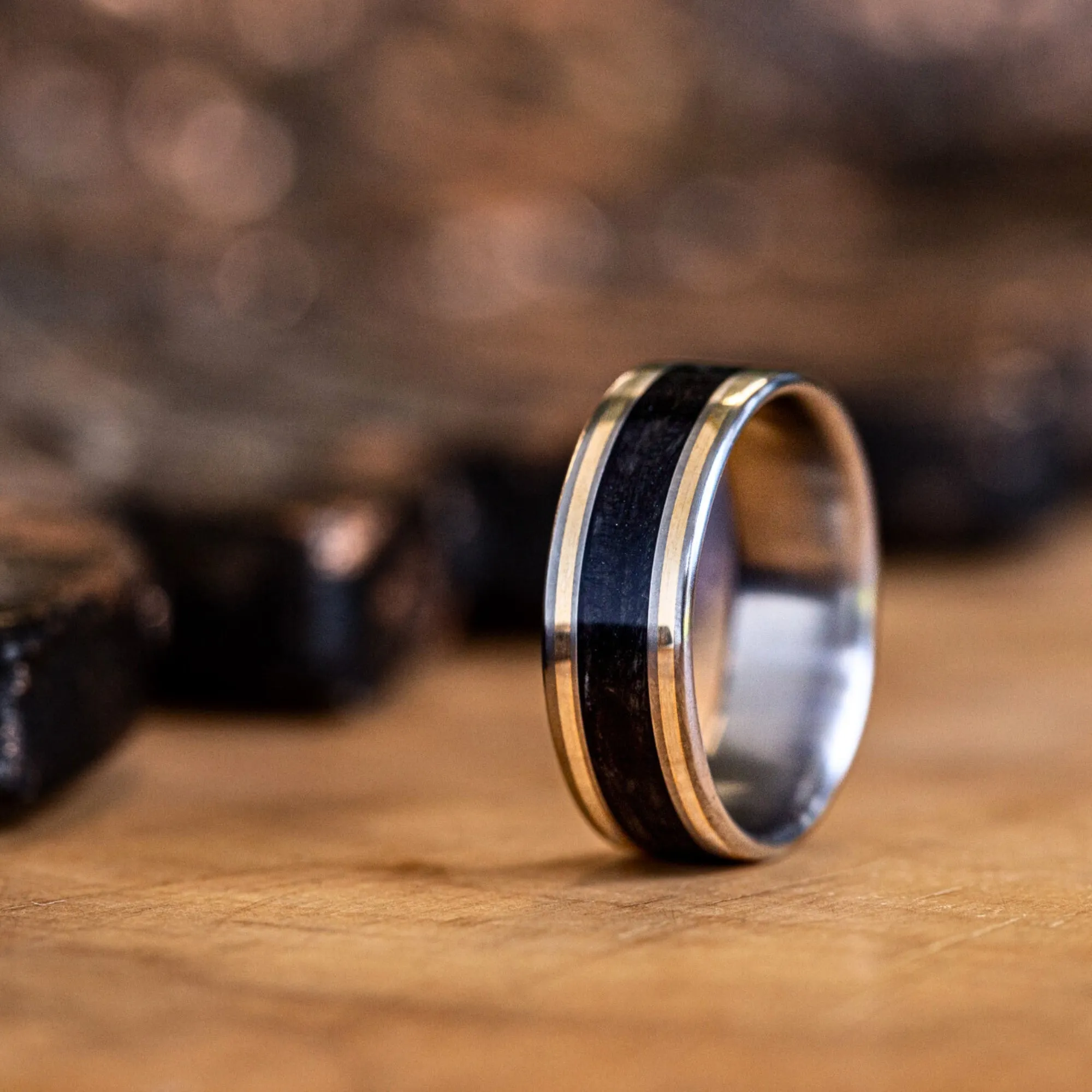 The Oxford Don | Men's Black Whiskey Barrel & Titanium Wedding Band with Dual Metal Inlays