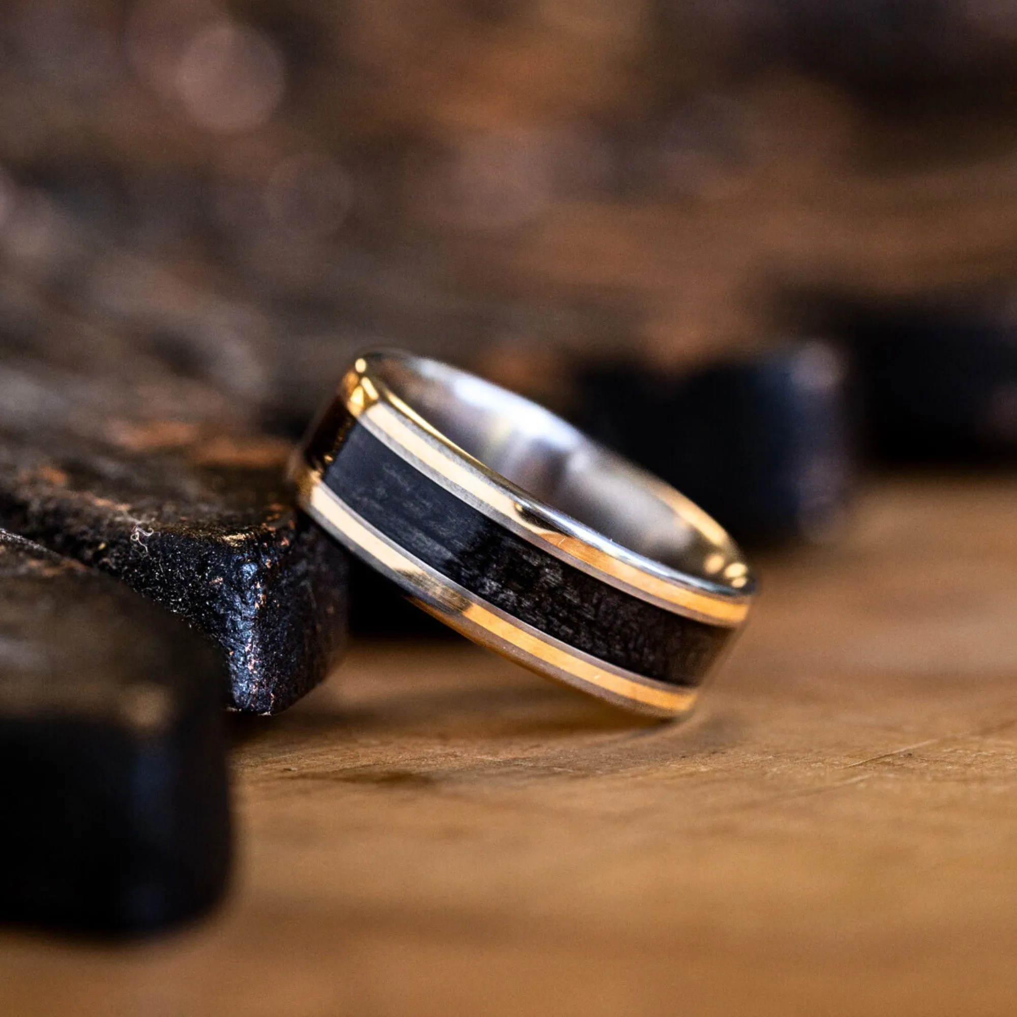 The Oxford Don | Men's Black Whiskey Barrel & Titanium Wedding Band with Dual Metal Inlays