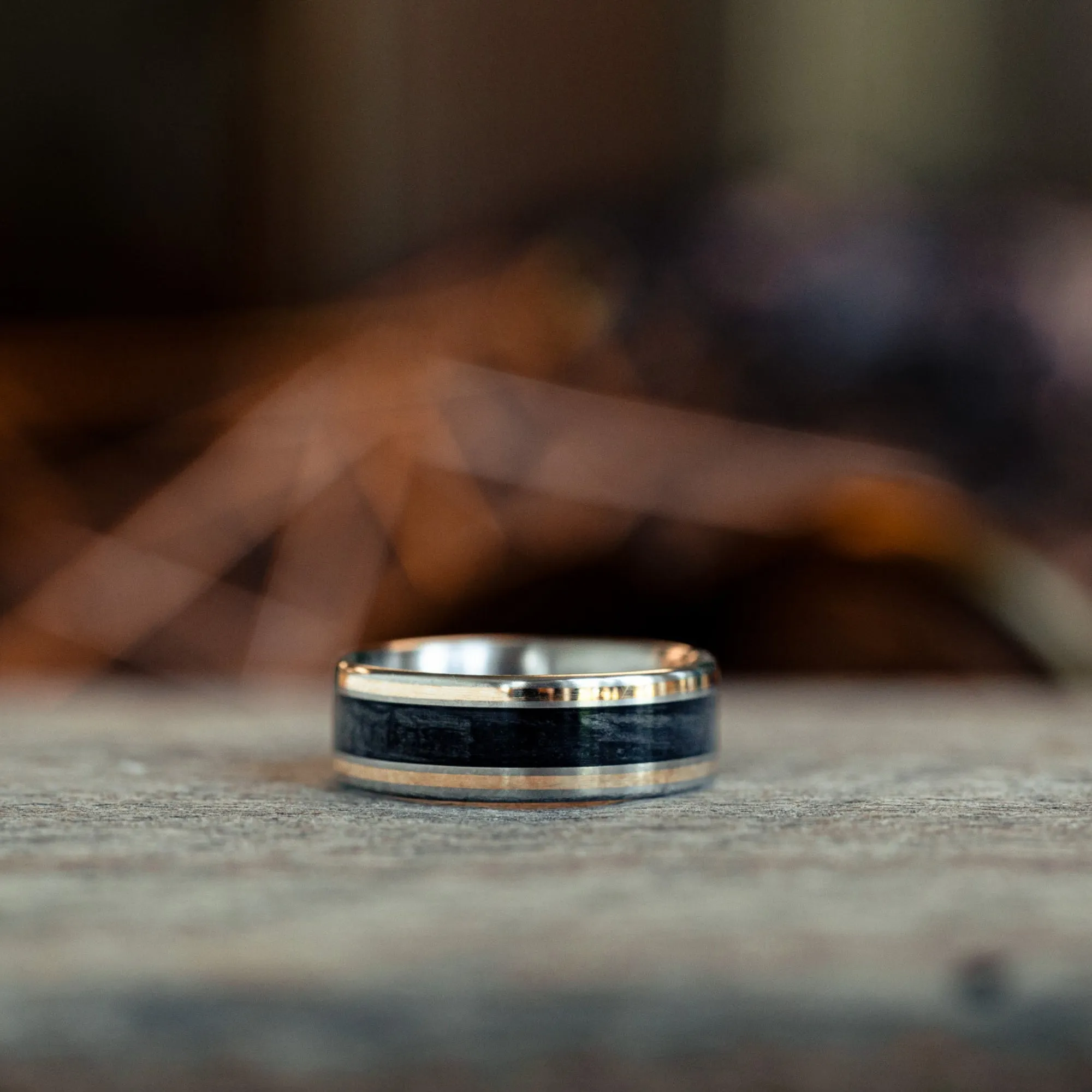 The Oxford Don | Men's Black Whiskey Barrel & Titanium Wedding Band with Dual Metal Inlays